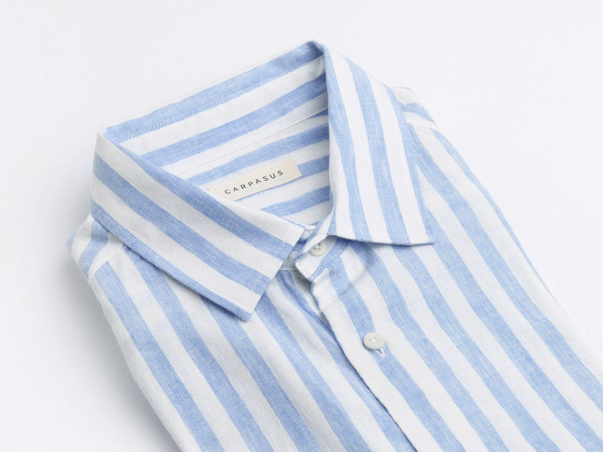 carpasus sustainable organic linen shirt ascona stripes light blue white. Nachhaltiges Carpasus Hemd Ascona Streifen Hellblau Weiss aus Bio Leinen 