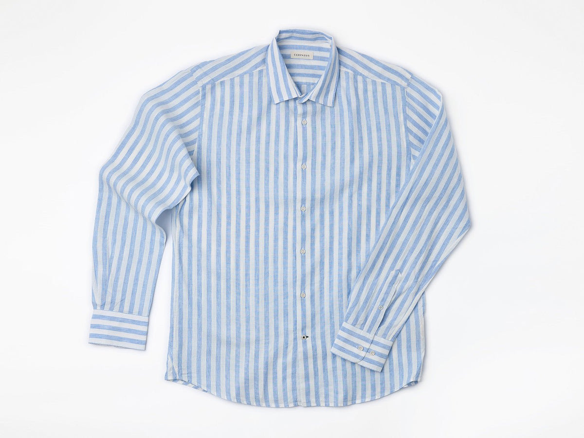 carpasus sustainable organic linen shirt ascona stripes light blue white. Nachhaltiges Carpasus Hemd Ascona Streifen Hellblau Weiss aus Bio Leinen 