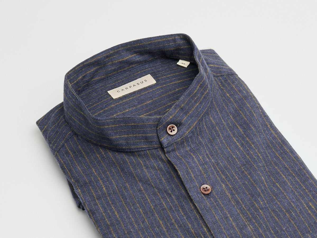 carpasus sustainable organic cotton and linen shirt scurido marine/ochre. Nachhaltiges Carpasus Hemd Scurido aus Bio Baumwolle und Leinen in Marine/Ocker