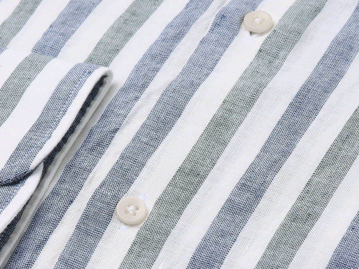 carpasus sustainable organic linen shirt ascona stripes navy moss. Nachhaltiges Carpasus Hemd Ascona Streifen Navy Moos aus Bio Leinen 