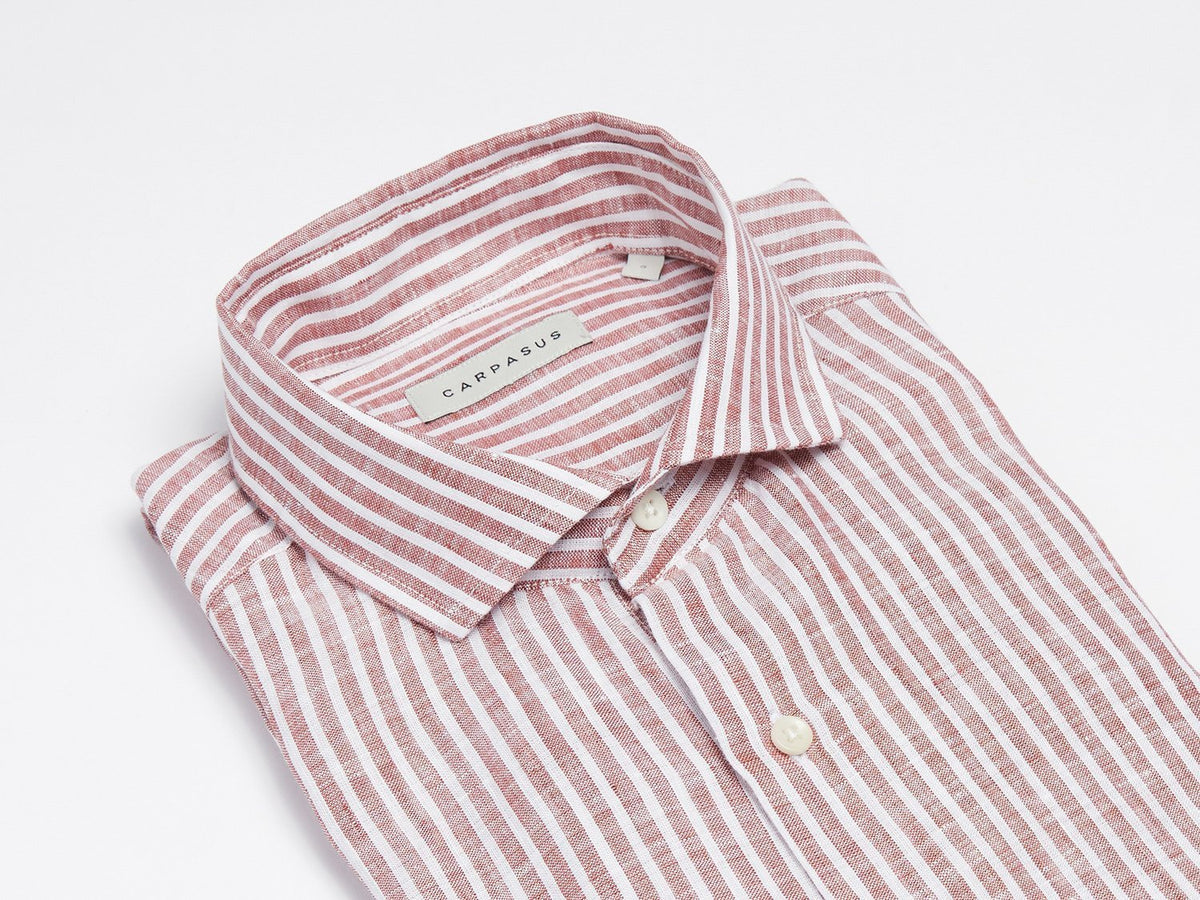 carpasus sustainable organic linen shirt stripes rust white. Nachhaltiges Carpasus Hemd aus Bio Leinen mit Streifen Rost Weiss